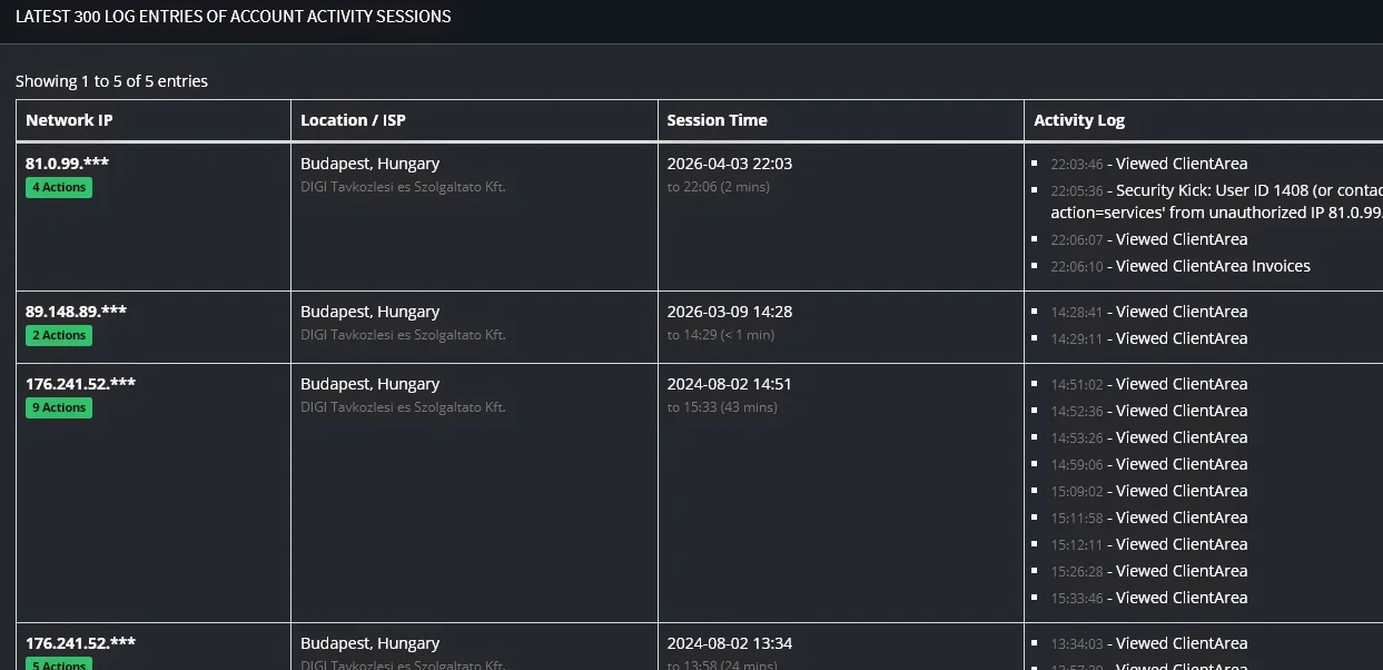 Activity Log Screeenshot