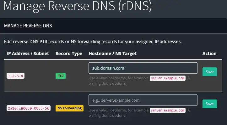 Reverse DNS Management Screenshot